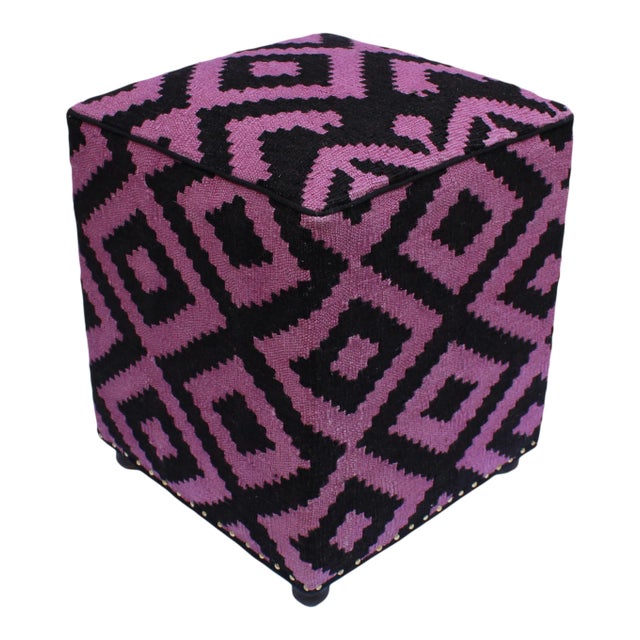 Shabby Chic Black & Purple Handmade Kilim Upholstered Ottoman For Sale
