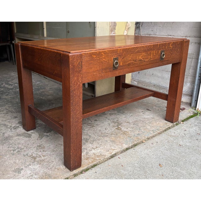 Wood Antique Mission Oak Library Table Made by Davis-Birely For Sale - Image 7 of 10