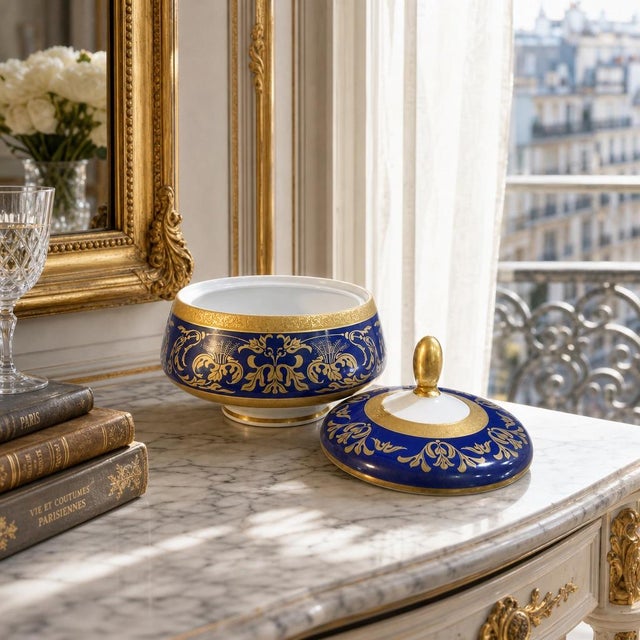 This exquisite Rudolf Wächter Bavarian covered dish features deep cobalt blue glaze with gold gilt hand‑applied detailing,...