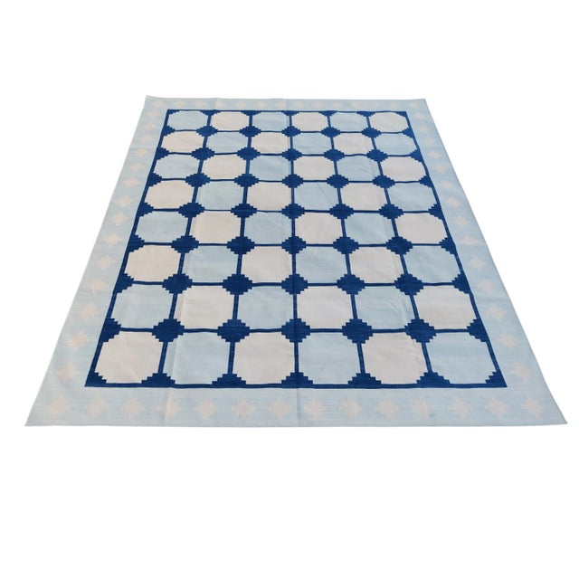 Handmade Cotton Natural Vegetable Dyed Reversible Light and Indigo Blue and White Box Pattern Vista Rug - 8'x10' For Sale - Image 11 of 11