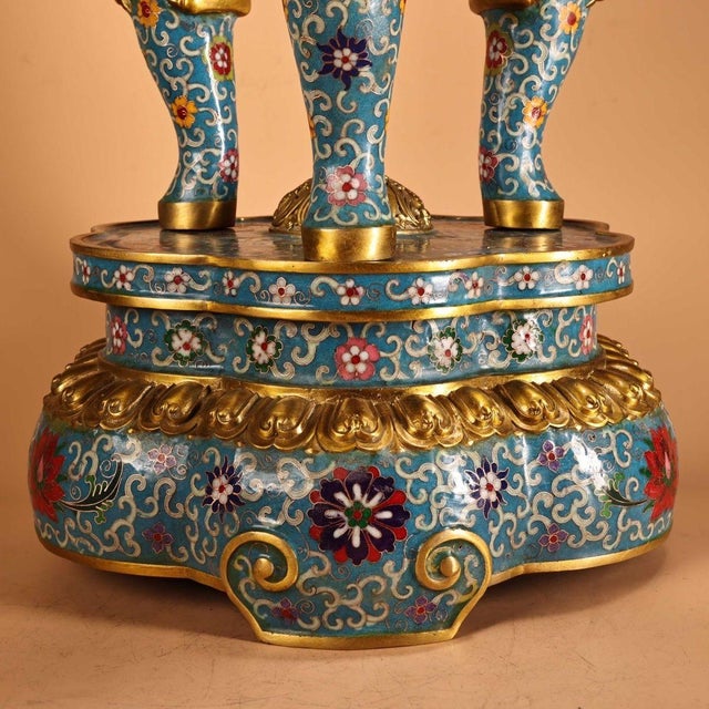Metal Pair of Large Cloisonné Enamel Gilt Bronze Dragon Boshan Censers For Sale - Image 7 of 9