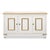 Gilt outlines applied panel moldings against soft white, giving the three-door facade an architectural rhythm. Three doors...