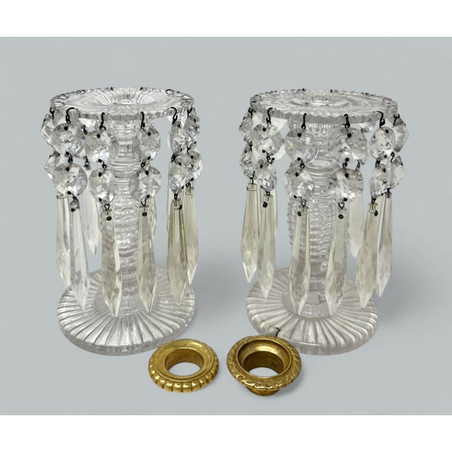 Victorian Antique Pair Poss Irish Crystal Hand Cut Lead Lustres Vases Candlesticks Ireland For Sale - Image 3 of 7