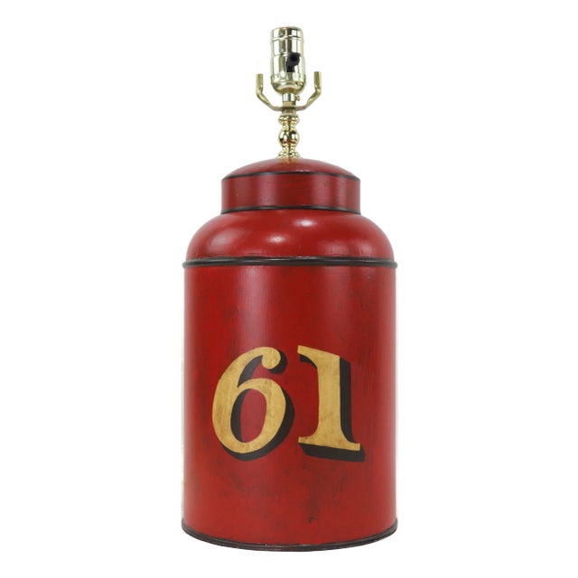 Vintage English Export Tea Can Hand-Painted No. 61 Table Lamp, Vintage Table Lamp For Sale