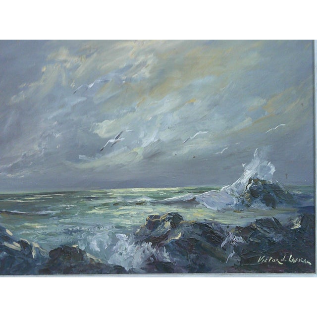 A dynamic mid‑century seascape capturing the raw beauty of crashing waves beneath a luminous sky and a seagull flying...