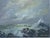 A dynamic mid‑century seascape capturing the raw beauty of crashing waves beneath a luminous sky and a seagull flying...