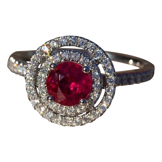 The Titania: Double Halo Ruby and Diamond Ring in 14 Karat White Gold For Sale