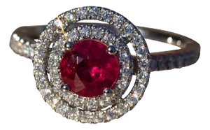 The Titania: Double Halo Ruby and Diamond Ring in 14 Karat White Gold