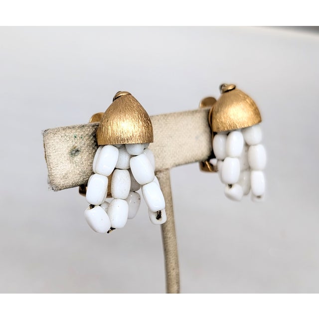 Napier Vintage 1960s Signed Napier Goldtone Looped White Bead Drop Clip Earrings-2 Pieces For Sale - Image 4 of 8
