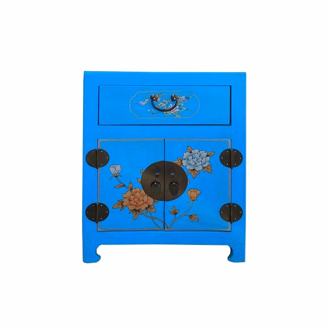Chinese Bright Blue Vinyl Moon Face Flower Birds End Table Nightstand For Sale In San Francisco - Image 6 of 6