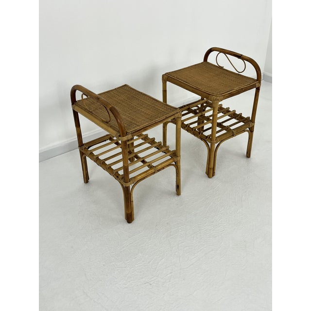Set of Italian Rattan and Bamboo Bedside Tables, 1960s For Sale - Image 4 of 9