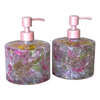 Boho/Farmhouse Lotion/Soap Glass Bottle Set With Real Pressed Flowers and Pine Accents, ( Water Safe Resin Finish) 4x3.25 For Sale