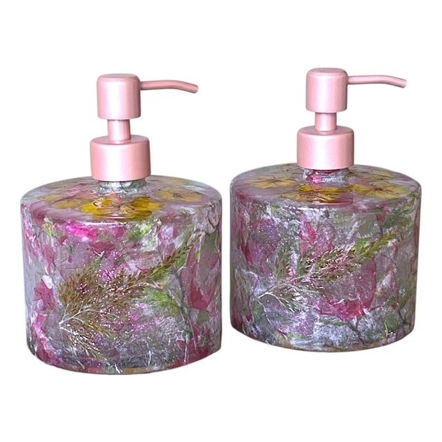 Boho/Farmhouse Lotion/Soap Glass Bottle Set With Real Pressed Flowers and Pine Accents, ( Water Safe Resin Finish) 4x3.25 For Sale