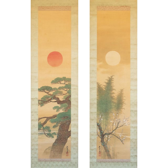 "Sunrise and Moonrise" by Yamada Keichu, Meiji Japanese Paintings in Original Case, Set/2 For Sale - Image 18 of 18