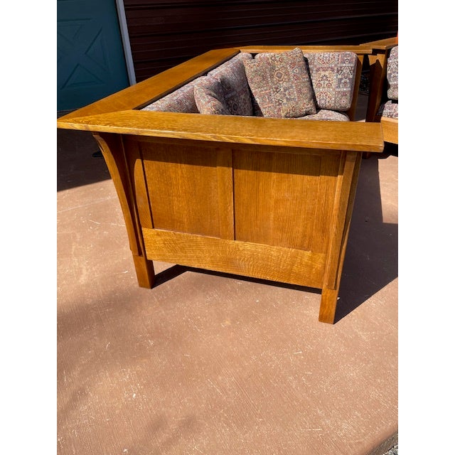 Wood Pair of Stickley Furniture Wine/Blue Geometric Mission Prairie Oak Loveseats / Sofa's For Sale - Image 7 of 18