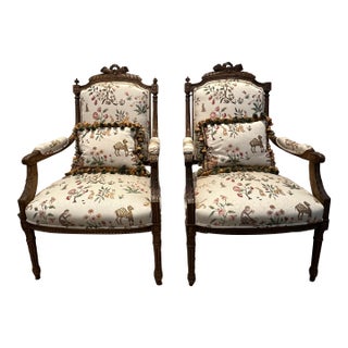 Stunning Pair of Louis XVI Fluted Chairs With Custom Tracers & Co. Cluny Lampis Brocade Upholstery For Sale