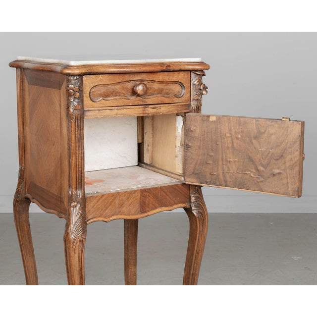 Brown French Louis XV Style Nightstand, Walnut With Marble Top, Circa 1900s For Sale - Image 8 of 9