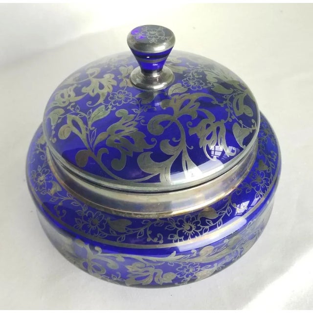 Metal 1920s Blue Glass and Silver Floral Overlay Bowl With Lid For Sale - Image 7 of 7