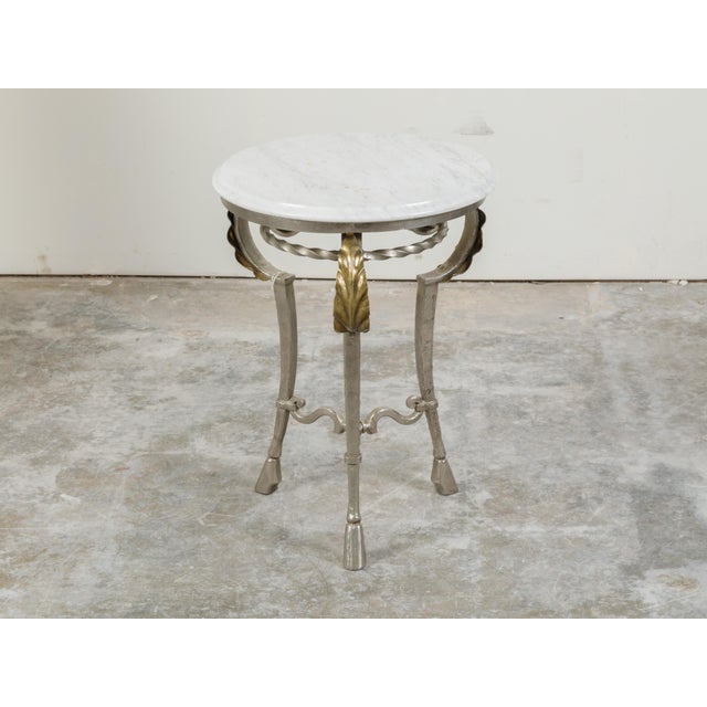 Mid 20th Century Italian Midcentury Steel Side Table with Circular White Marble Top and Hoof Feet For Sale - Image 5 of 10