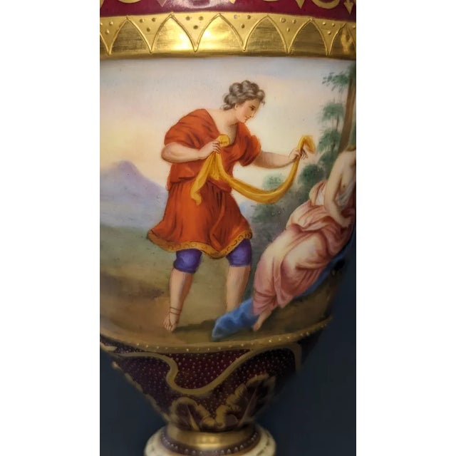 19thc Austrian Antique Royal Vienna Hand Painted Romantic Scene - 2 Handled 13.5" Porcelain Vase For Sale In Miami - Image 6 of 12