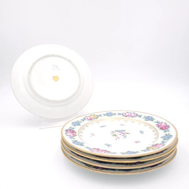 A set of four (plus one extra) Dresden plates, Germany circa 1920. The plates are decorated with a band of flowers around...