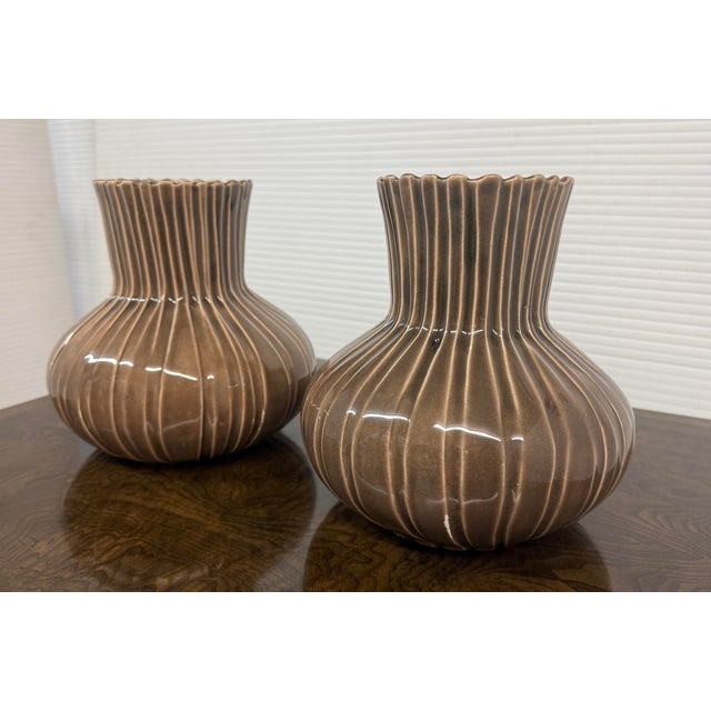 Contemporary Barbara Eigen Ribbed Ceramic Vases, Pair For Sale - Image 3 of 12