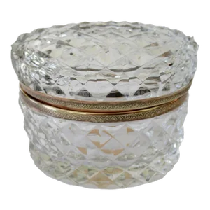 Vintage Hand-Cut & Beveled Leaded Crystal Glass & Brass Oval-Shaped Lidded Jewelry Casket Box