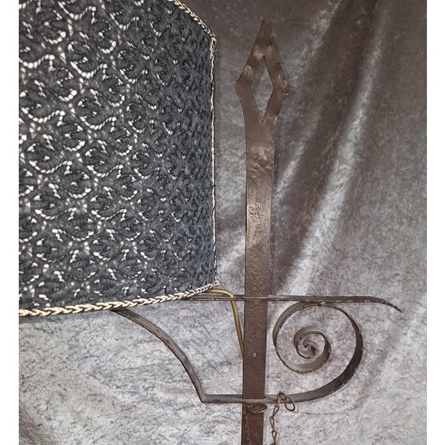 Black Mid-Century Rustic German Adjustable Floor Lamp with Wrought Iron Frame and Fabric Shade, 1950s For Sale - Image 8 of 10