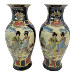 Pair Japanese Satsuma Style Porcelain Vases, Hand-Painted Court Ladies & Gilt Decoration, Meiji
