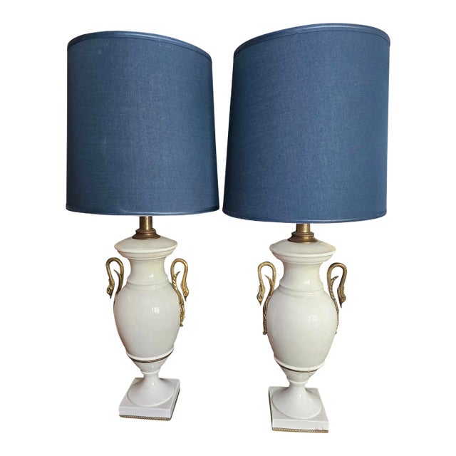 Vintage Pair of Brass Swan Handled Urn Shaped Glazed Ceramic Table Lamps on Marble Bases For Sale