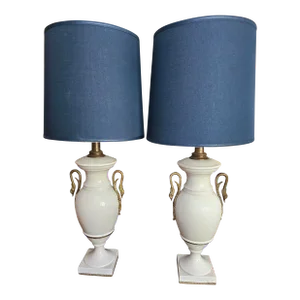 Vintage Pair of Brass Swan Handled Urn Shaped Glazed Ceramic Table Lamps on Marble Bases