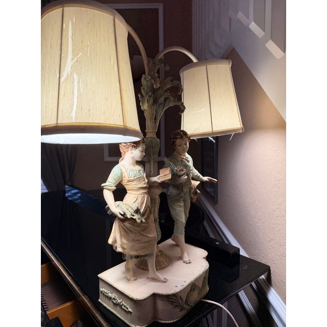Cream Antique L & F Moreau Figural Double-Light Lamp Collection Francaise - French Renaissance Style With Original Shades Lamp. Foundry Mark. For Sale - Image 8 of 18