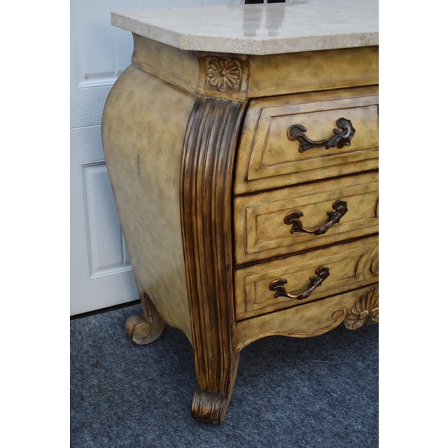 Wood Marble Top Chest French Baroque Style Bombay Commode Carved 3 Drawer 90's For Sale - Image 11 of 18