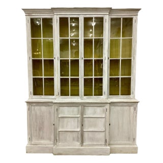 Antique English White Washed Glazed Front Step Back Bookcase For Sale