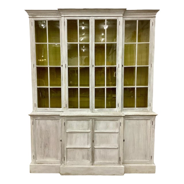Antique English White Washed Glazed Front Step Back Bookcase For Sale
