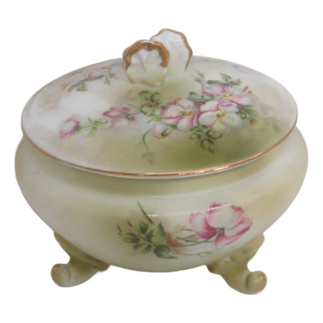 Nippon 3 Footed Floral Pattern Lidded Trinket Vanity Box 4573b For Sale