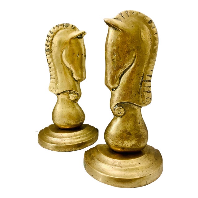 Vintage Solid Brass Horse Head Knight Chess Piece Bookends- a Pair For Sale