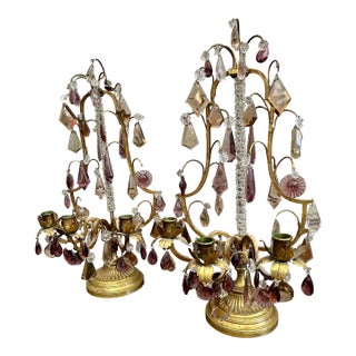 Antique French Gilt Metal & Crystal Girandoles For Sale
