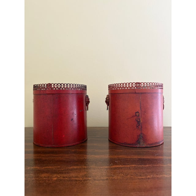 Red Pair of Antique French Neoclassical Red & Gold Tole Cachepot With Lion Heads For Sale - Image 8 of 10