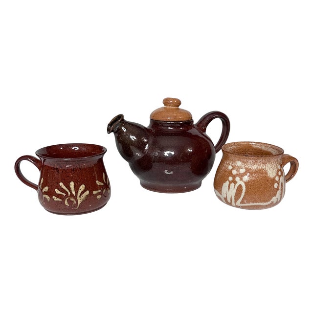 Handmade Ceramic Teapot and Cups from the Workshop of Helma Klett, Germany, 1980s, Set of 3 For Sale