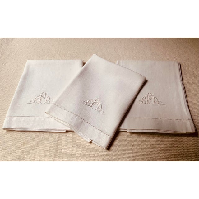Antique Monogrammed Linen Hand Towels, Embroidered Monogram, Hemstitched, Set of 3 | C. 1930s | Nantucket Estate For Sale - Image 10 of 15