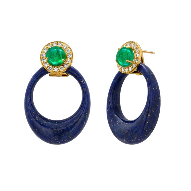 Metal 14k Yellow Gold Emerald, Diamond & Lapis Door Knocker Clip-on Earrings, Pair For Sale - Image 7 of 9