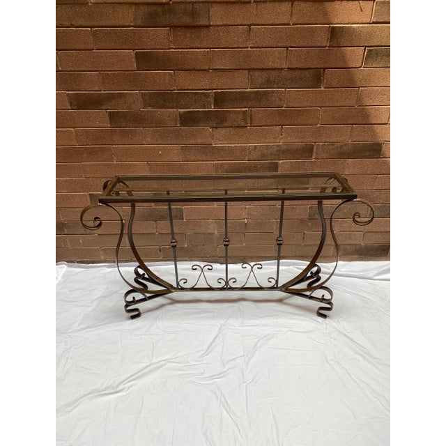 French Provincial Vintage Mid Century Wrought Iron Console Sofa Table Sideboard With Glass Top For Sale - Image 3 of 7
