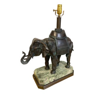 Late 20th Century Maitland-Smith Bronze Asian Elephant Table Lamp on Serpentine Marble Base For Sale