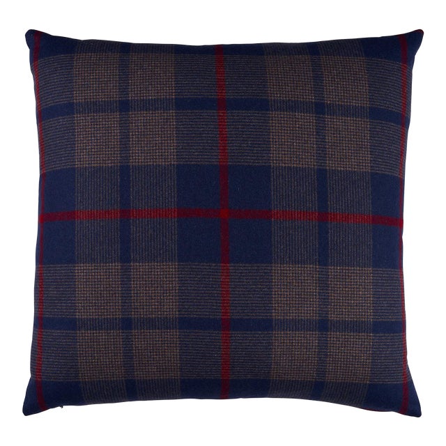 Schumacher Montana Wool Plaid 22" Pillow in Navy For Sale