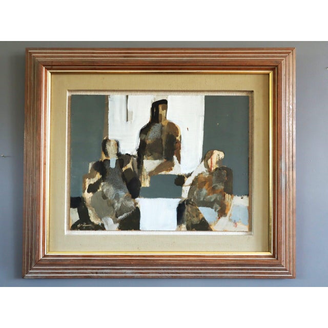ABSTRACT TRIO Size: 20.7 x 24.2 inches (including frame) Oil on board A mid-century abstract figurative painting that...