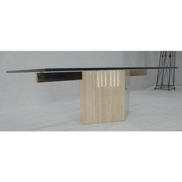 Angelo Mangiarotti Italian Travertine Single Pedestal Diamond Shape Base Glass Top Coffee Table For Sale - Image 4 of 13