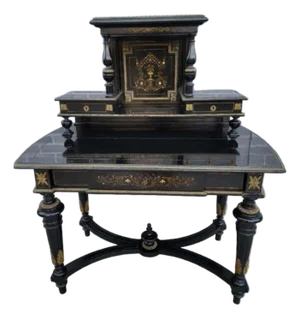 Vintage French Napoleon III Style Ebonized Lacquered Bonheur Du Jour Writing Desk