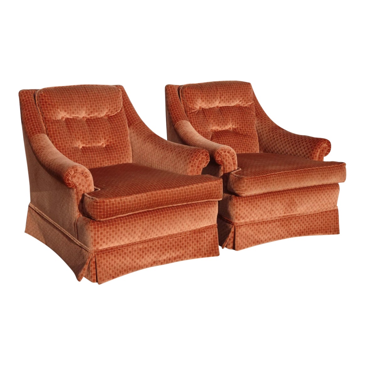 Pair Vintage Mid Century Modern Coral Orange Tufted Velvet ...