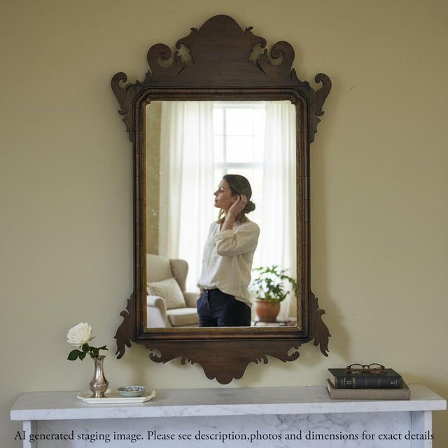 Antique Georgian Revival Walnut and Gilt Fret Cut Overmantle Wall Mirror, 1920s For Sale - Image 3 of 10